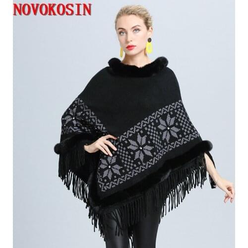 5 Color Winter Fur Neck Warm Floral Coat 2020 Plus Size Triangle Poncho Women Cape Big Pendulum Dovetail Jacquard Weave Pullover