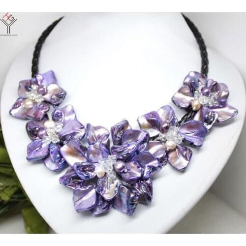 Women Jewelry natural pearl crystal bright purple 5 flowers pendant shell mother of pearl necklace black leather 18"