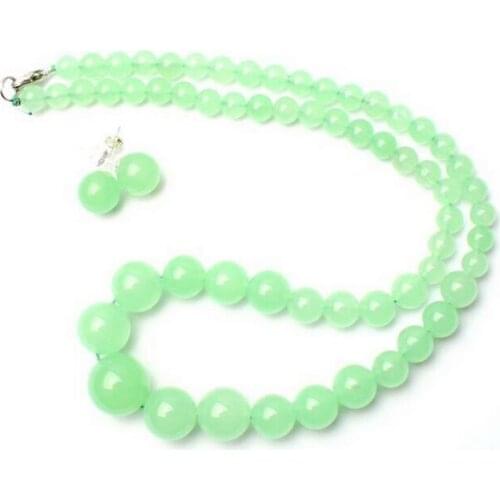 Free Shipping New style Natural noble jewelry>>>>6-14mm Smooth Round Shape Light Green Jade Necklace Earrings Jewelry 1 Sets