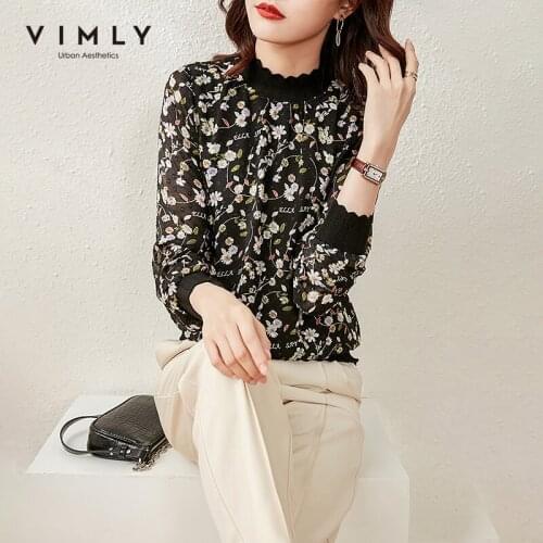 VIMLY Women Tops Fashion Floral Blouse Half Turtleneck Chiffon Shirts Elegant Full Sleeve Lace Clothes Female Pullover F6810