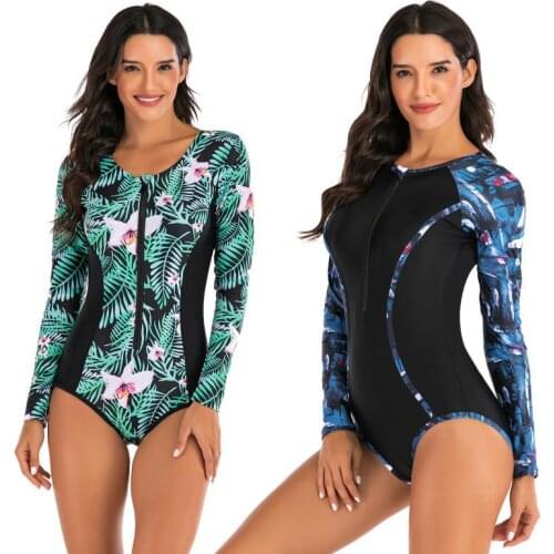 One Piece Swimsuits for Women, Bathing Suits Long Sleeve PrintedSurf Suit Swimsuit Zip Panel Diving Suit Swimwear 48