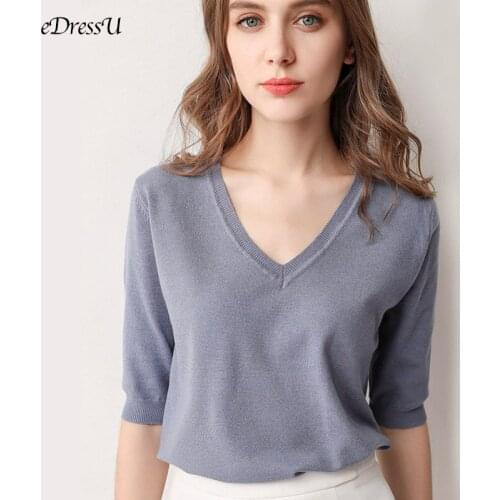 EDressU 2021 Knit T-shirt Woman V Neck Spring Summer Tees Short Sleeve Solid Knitwear Korean Casual Office Lady Jumper HW-3