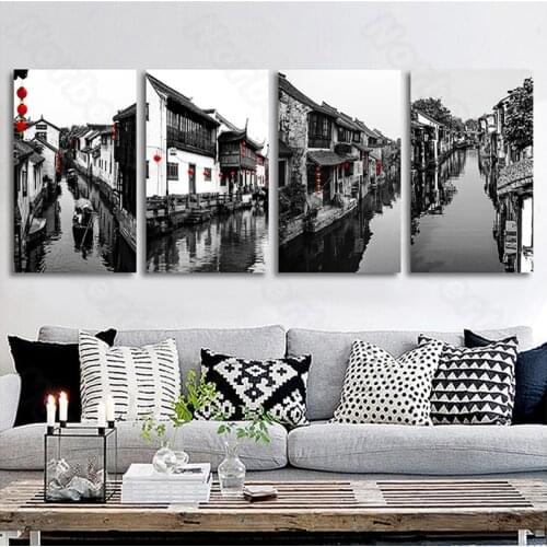 Canvas Painting Poster and Print Jiangnan Water Village Vintage Landscape Paintings with Red Lanterns for Home Rooms Wall Decora