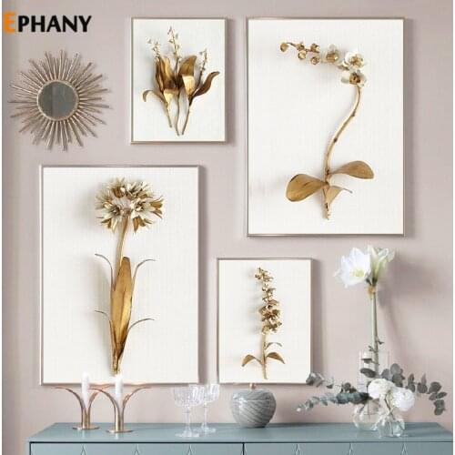 Golden Plant Leaves and Flowers Canvas Painting for Living Room Nordic Abstract Wall Art Pictures for Living Room Morden Decor