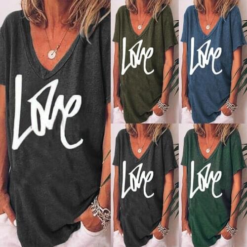 LOVE T shirt women casual plus size loose Fashion V-neck Print Loose Plus Size Short Sleeves T-shirt Best Friend brown top 2020