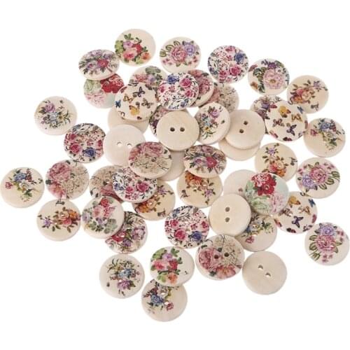 50 Pcs Vintage Peony Print Round Wooden Sewing Buttons Bulk Assorted Retro Pattern with Holes Wood Button for Sewing QW