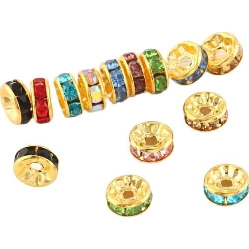 50pcs/Lot 4mm 6mm 8mm Mixed Gold Rhinestone Rondelles Loose Spacer Beads Metal Crystal Beads for Jewelry Making DIY Accessories