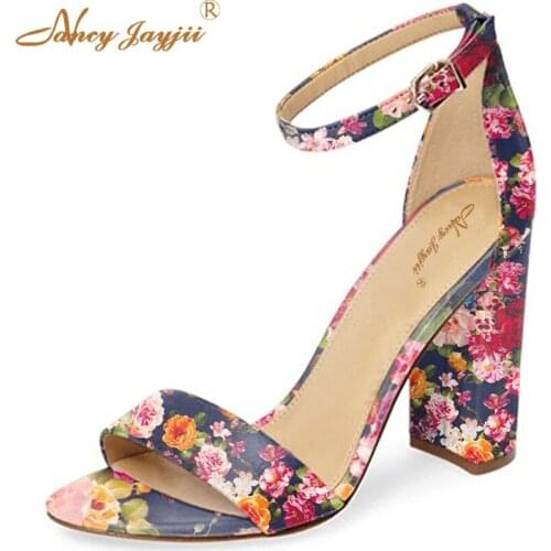 Popular Embroider Ankle Strap Women Sandal 12cm High Square Summer Beach Shoes Evening Casual Open Toe Print Flower Nancyjayjii