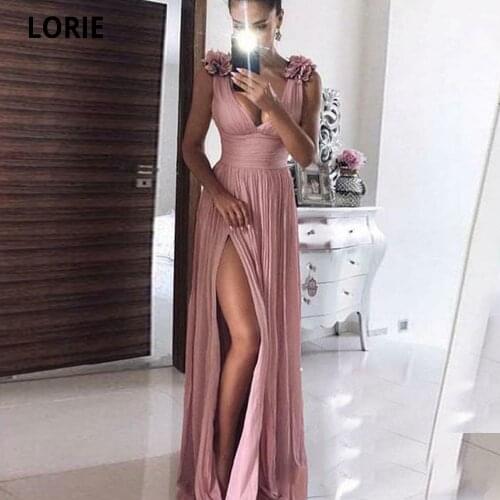 LORIE Cheap Prom Dresses 2021 Chiffon Handmade Flowers Long Formal Evening Party Gown High Split Special occasion Gown Plus Size