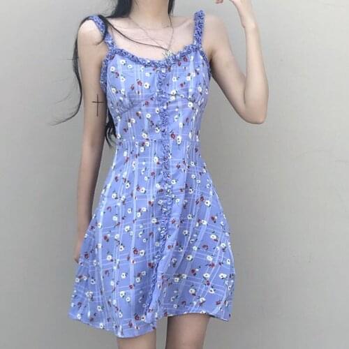 Sweet Floral Print Sling Dress Women Korean Sexy Elegant Cute Ruffled Mini Dress Female High Street Beach Summer Dress 2021 New