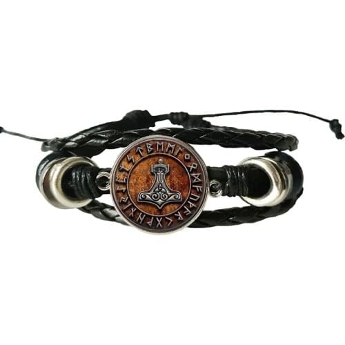 Fashion Movie Series Comics Thors Hammer Bracelet The Dark World Norse Scandinavian Runic Leather Bracelet Viking Jewelry