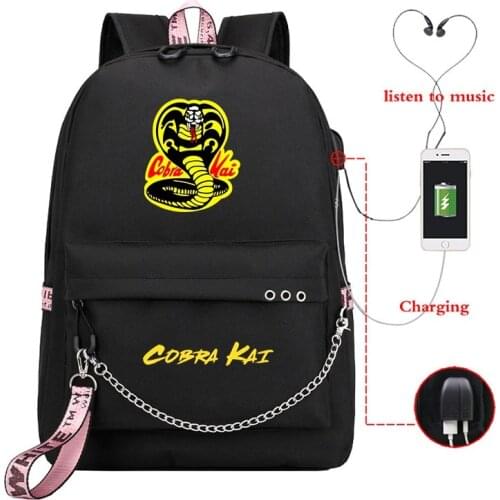 High Quality COBRA KAI Printed USB Charging Backpack Men Travel Rucksack Teen The Karate Kid Cobra Kai USB School Bag Laptop Bag