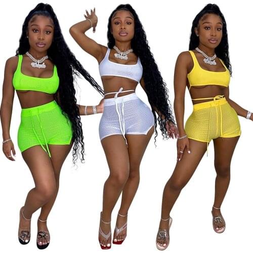 2021 New Design Solid Short Pants Outfits Two Piece Mesh Set Summer Biker Short 2 Piece Set