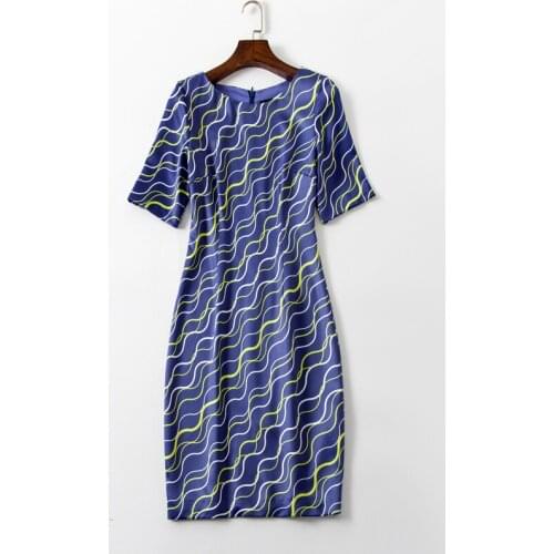 Novelty Designer Women Wave Print Dress Short Sleeve O-Neck Slim Dresses 3185