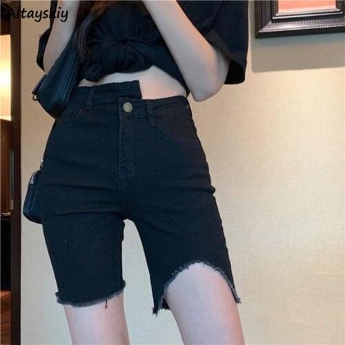 Skinny Shorts Women Irregular Frayed Summer High Waist Denim Korean Style Trendy Chic Stretchy Casual Club Streetwear Female Ins
