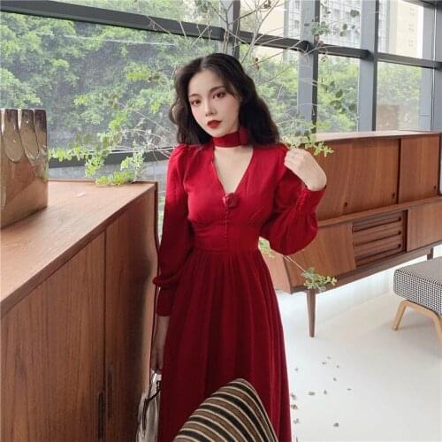2021 autumn French sweet, gentle and elegant first love dress red dress over the knee medium length high waist long skirt with n
