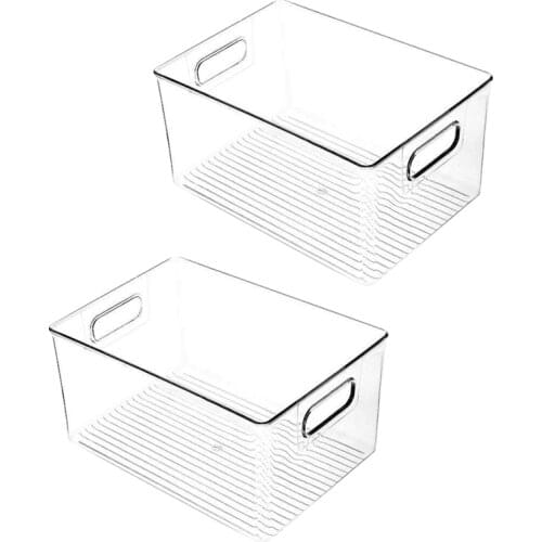 2Pcs Plastic Kitchen Pantry Cabinet,Refrigerator or Freezer Food or Book Storage Bins with Handles-Organizer for Snacks
