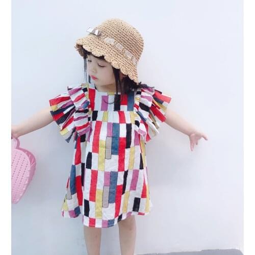 Girls Dress 2020 Summer New Colourful Block Flying Sleeve Dress Korean Japanese Style Clothes Fashion Baby Kids Girls Clothing
