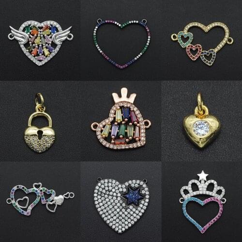 Fabulous Diy Double Heart CZ Charms Wholesale Lock Key Necklace Pendant Zircon Angel Wings Connector For Jewelry Crown Making