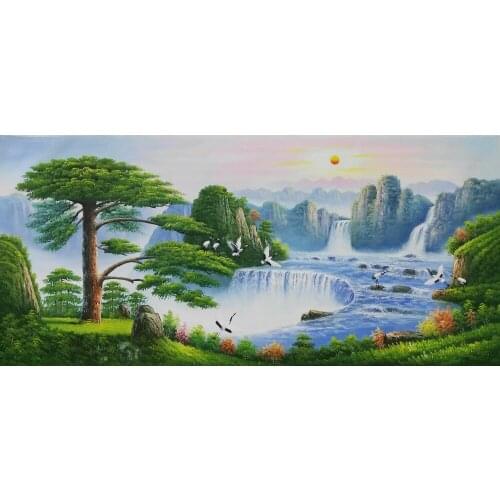 Hand Painted Oil Painting on CanvasChinese-style landscape Canvas painting welcoming pine Wall Art Picture for Home Decoration