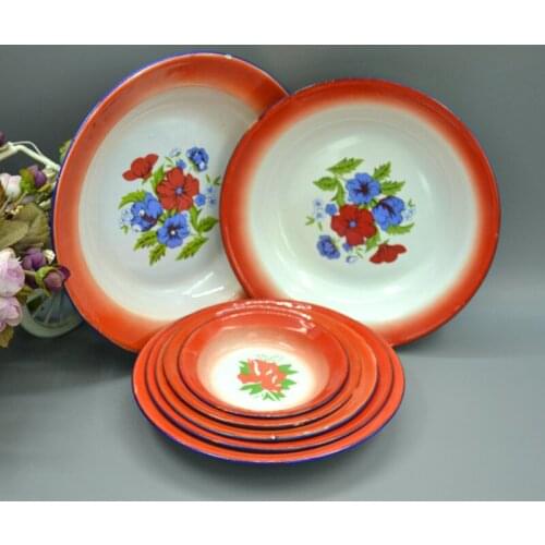 Old enamel plate, Retro Red pattern, plate, bone plate, shallow dish