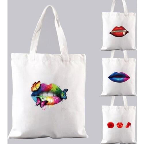 Womens Bag Polyester Shoulder Bag Harajuku Style Handbag Cute Sexy Lips Series Bag for Student Large Capacity Shopping Bags