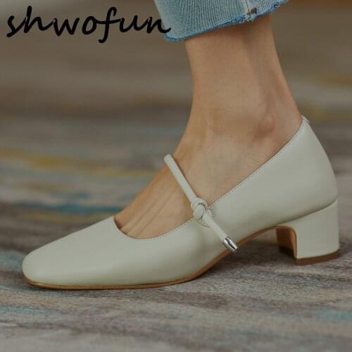 Womens genuine leather kitten heel square toe elastic band slip-on pumps med heel comfortable elegant ladies dress shoes women