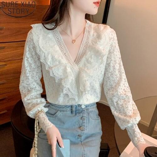 French Style Sweet Lace Blouse White Apricot Hollow Sexy Shirt Women Blouses Autumn Long Sleeve V-neck Ruffle Tops Shirts 17251