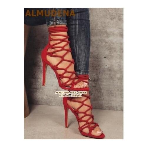 ALMUDENA Women Red Pink Suede Cross Strappy High Heel Sandals Stiletto Heels Bowknot Lace-up Wedding Shoes Caged Pumps Dropship