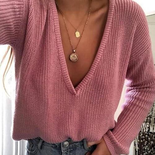 Women Sweaters Solid Color Long Sleeve Deep V Neck Sweaters for Women Knitted Jumpers Top Women Sweaters Knitwear pull femme