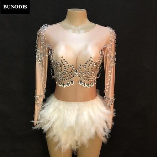 ZD380 Women Sexy Skin Color Bodysuit Short White Feather Skirt Glass Silver Big Sparkling Crystals Jumpsuit Nightclub Party
