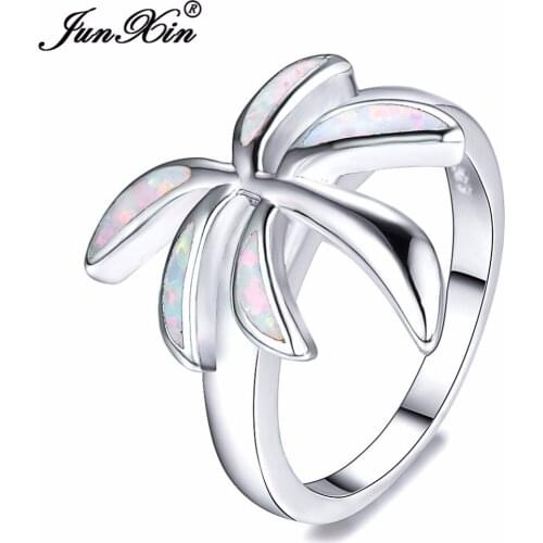 JUNXIN Boho Male Female White Opal Stone Ring Fashion Coconut Tree Ring Vintage Party Wedding Rings For Men And Women