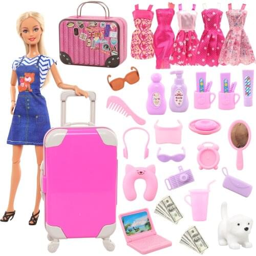 32 Items for Barbie Travel Furniture Accessories Dress Suitcase Dog Sunglass Laptop Kawaii Barbie Doll Accesorios Kids Toys DIY