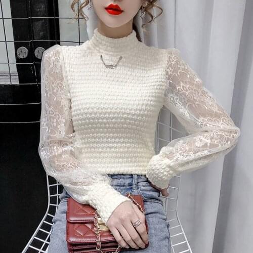 Stand-up collar lace bottoming shirt women 2021 spring and autumn fashion foreign style small shirt long-sleeved super fairy top