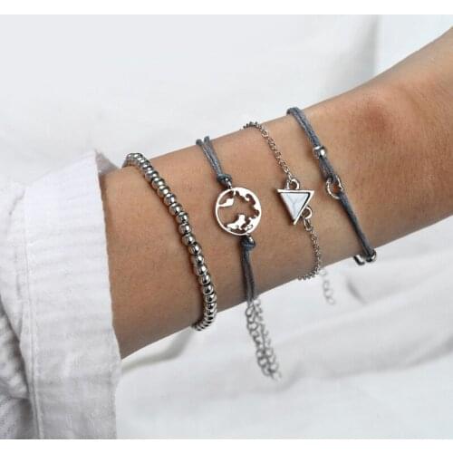 Hollow Out Map Triangle Bead Heart-shaped Bracelet Bohemian 4-Piece Silver Color Bracelet Accessories Fashion Party Jewelry