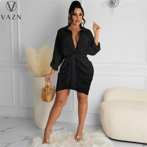VAZN 2021 Hot List Pleated V-neck Fancy Young Lady Solid Mini Dress Retro Full Sleeve Young Vestidos For Female