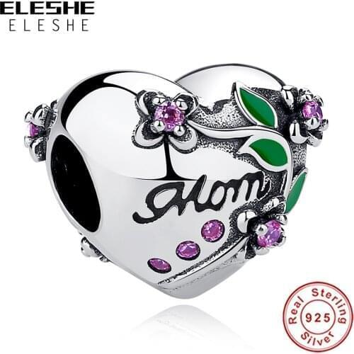 ELESHE Wholesale Green Leaf Pink CZ Mom Heart Charm Fit 925 Sterling Silver Original Bracelets for Women Mother’s Day Gift
