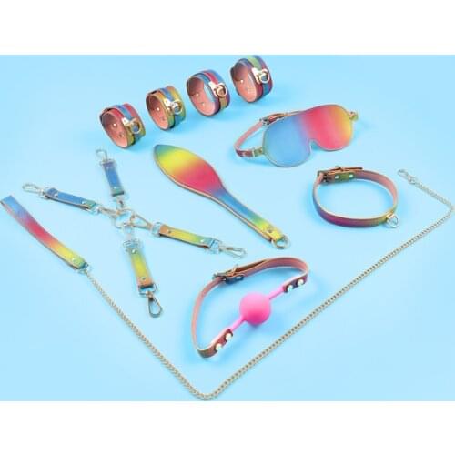 Erotic 8-piece set sm color reflective binding bondage set sex supplies couple flirting rainbow color sex toys