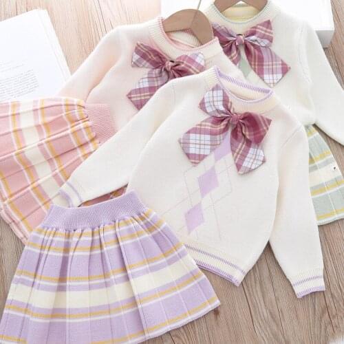 Girls Bowknot Plaid Short Skirt Two-Piece Set JK Toddler Girl Fall Clothes 2020 Baby Girl Winter Clothes Kids Winter Sweaters