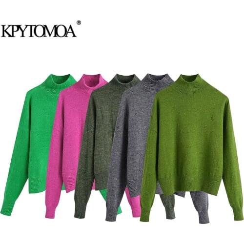 KPYTOMOA Women 2021 Fashion Loose Soft Touch Green Knitted Sweater Vintage High Neck Long Sleeve Female Pullovers Chic Tops