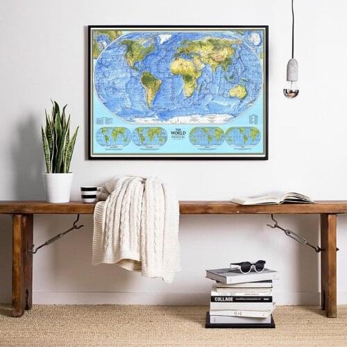 A2 59*42cm Small Size World Map Non-Smell Retro Canvas Painting Wall Art Poster Living Room Home Decoration 1994 Physical Map