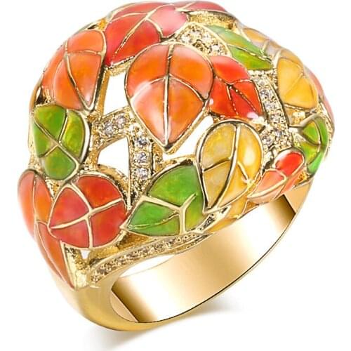 Fashion Gold Color Hollow Charms Enameling Hollow Leaf Statement Rings for Women Finger Ring Jewelry