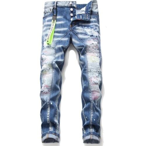 New Jeans Mens Skinny Straight Denim Trousers Ripped Patch Elastic Paint Spray Light Blue Stitching Beggar Pants