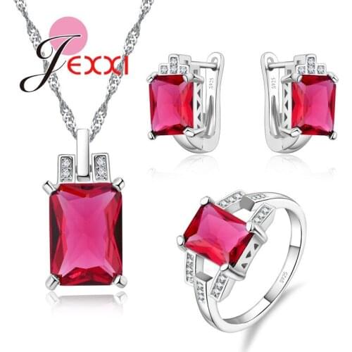 Exquisite Genuine 925 Sterling Silver 3PCS Bridal Wedding Jewelry Set with Noble Red/Blue Crystals For Women Luxury Gifts