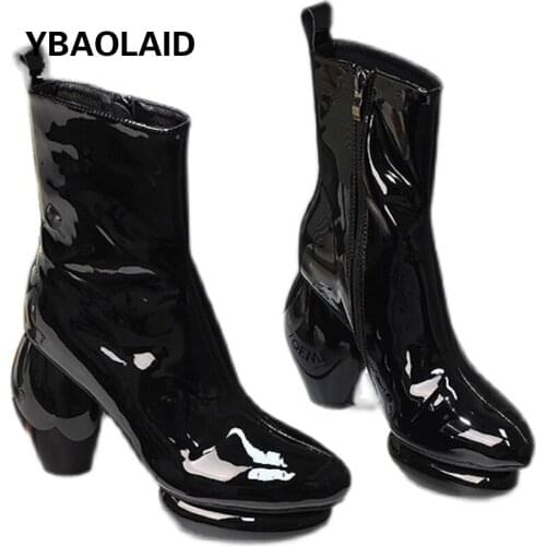 Pointed Waterproof Platform Side Zipper Profiled Heel Martin Boots New Solid Color Patent Leather Catwalk Fashion Short Boots