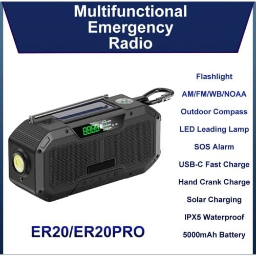 PHAONG FM/AM Radio Portable 5000mAh IPX5 Waterproof Hand Crank Solar Multifunctional Emergency Power Bank Support SOS 2021 New