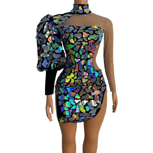 Bright Colorful Sequins Dress Black Velvet Birthday Celebrate Collection Outfit Evening Female Singer Show mini Dress