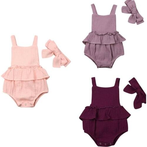 0-24M Casual Newborn Baby Girl Sleeveless Backless Ruffles Solid Color Cotton Bodysuit Jumpsuit Headband 2PCS Summer Clothes