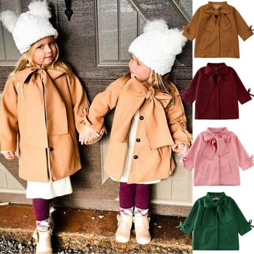 Pudcoco 2-8Years Toddler Baby Kid Girl Winter Warm Wool Trench Windproof Bowknot Coat Solid Long Sleeve Overcoat Outwear Jacket