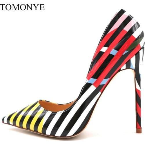 2019 new designer white black stripe with yellow pink circle patent leather pointed toe 12cm high heel pump spring summer shoes